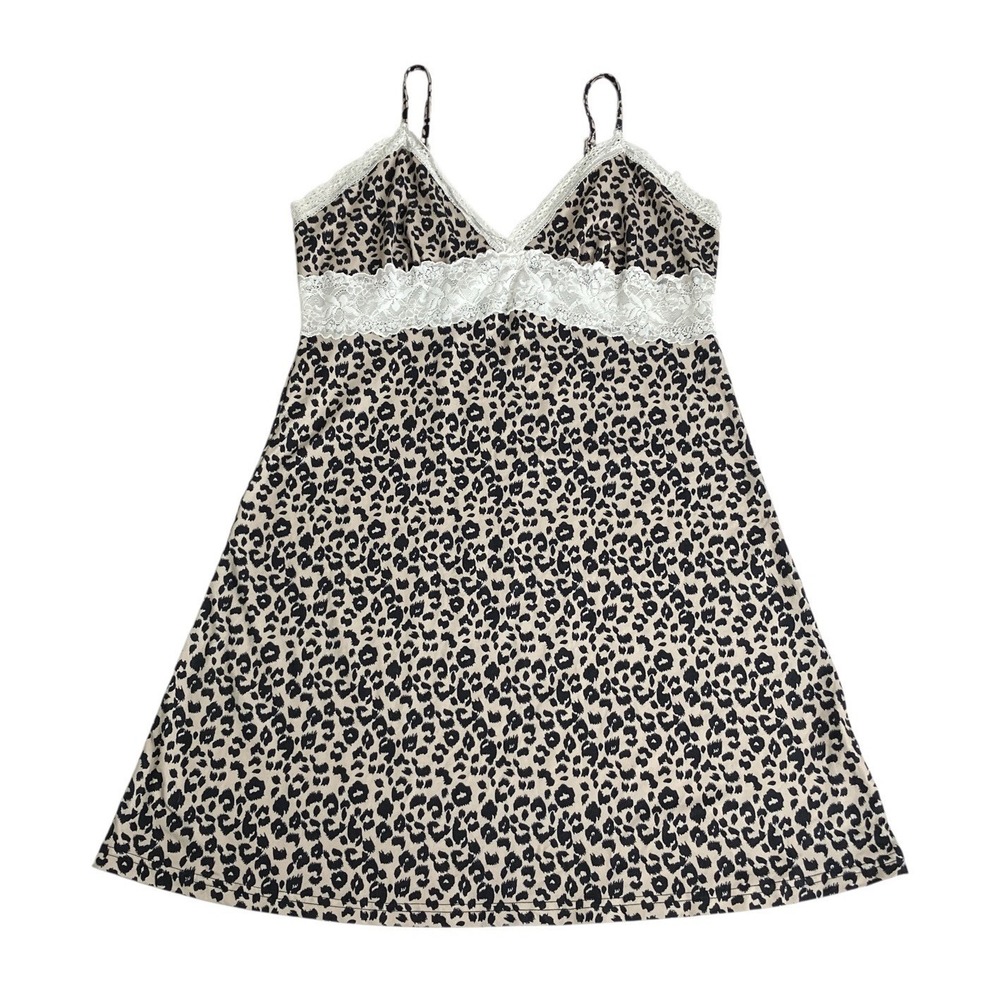 Ekouaer Babydoll Slip Dress Cami Nightgown Womens Medium Cheetah Print Lace Trim